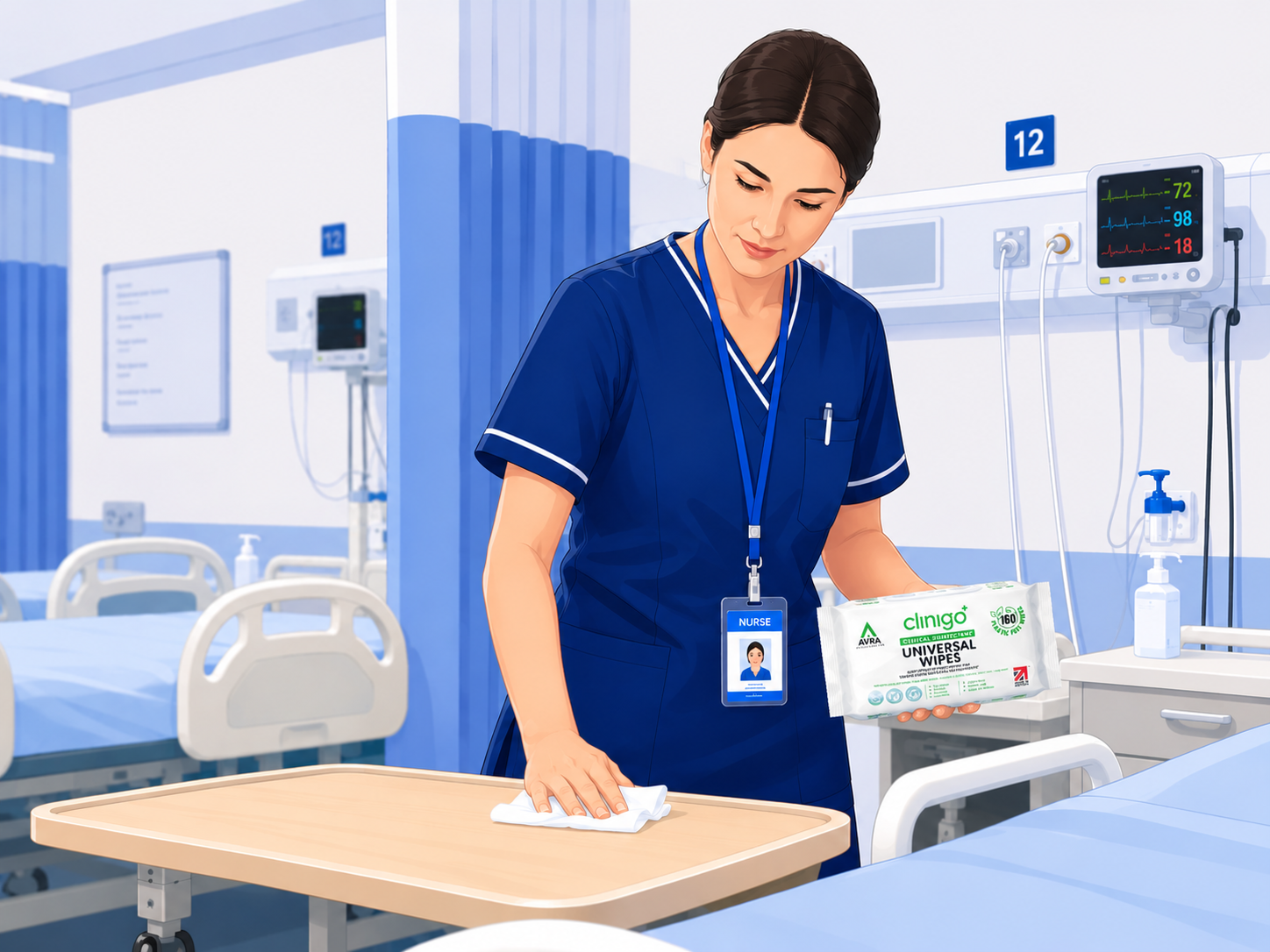 Nurse disinfecting surfaces with Clinigo Universal wipes