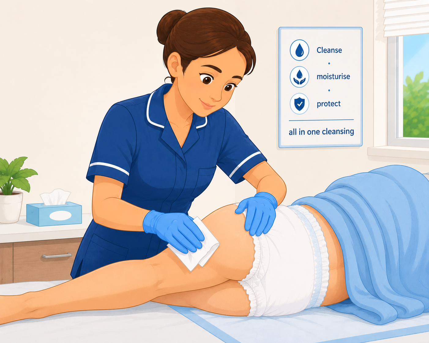 Carer performing continence care with a Clinigo Continence Care Wipe