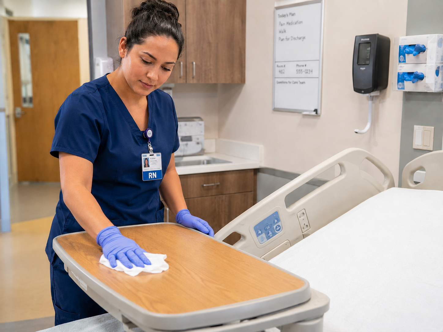 Nurse cleaning a hospital overbed table with a Clinigo Detergent Wipe
