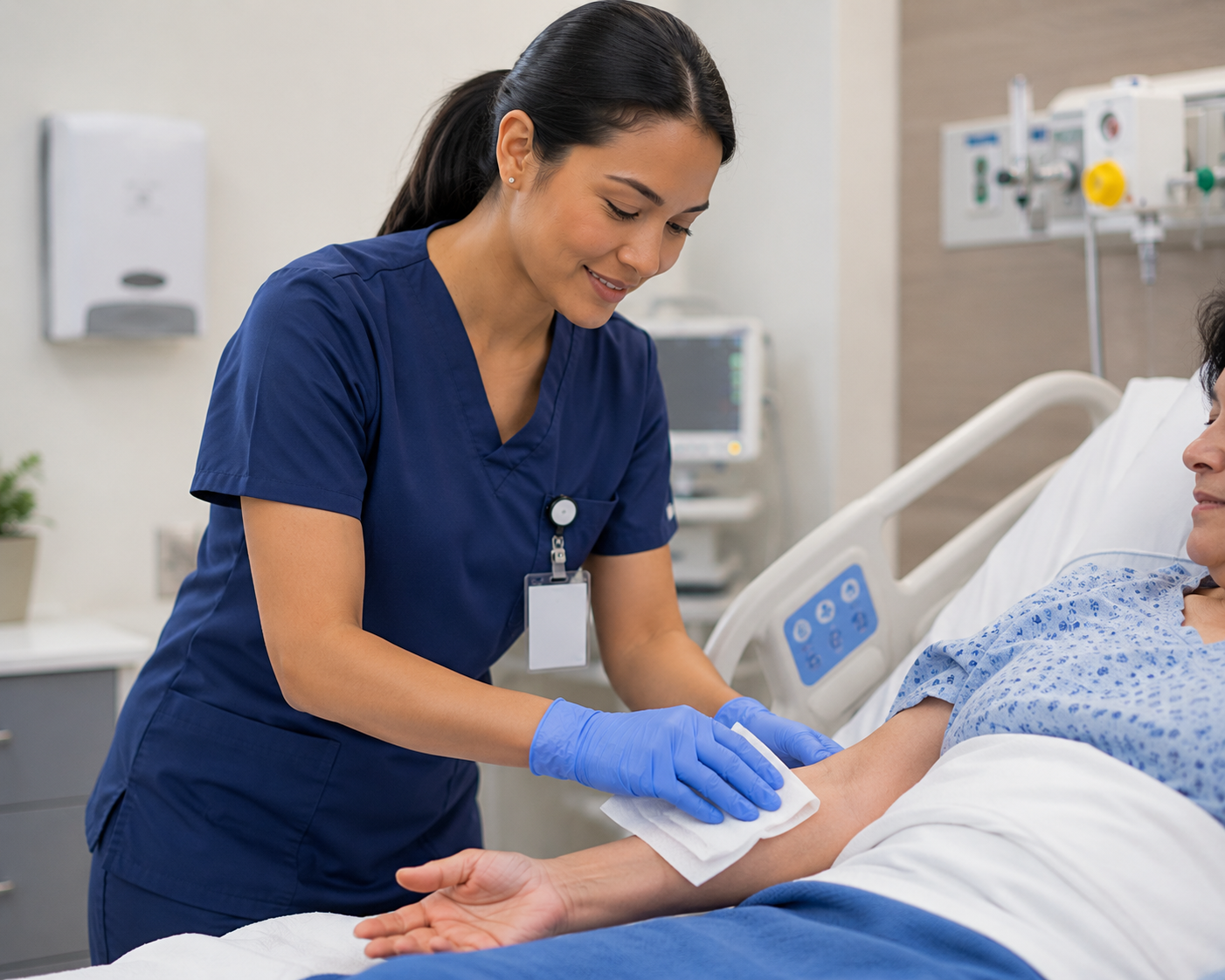 Nurse cleansing a patient's arm with a Cleansing Dry Wipe
