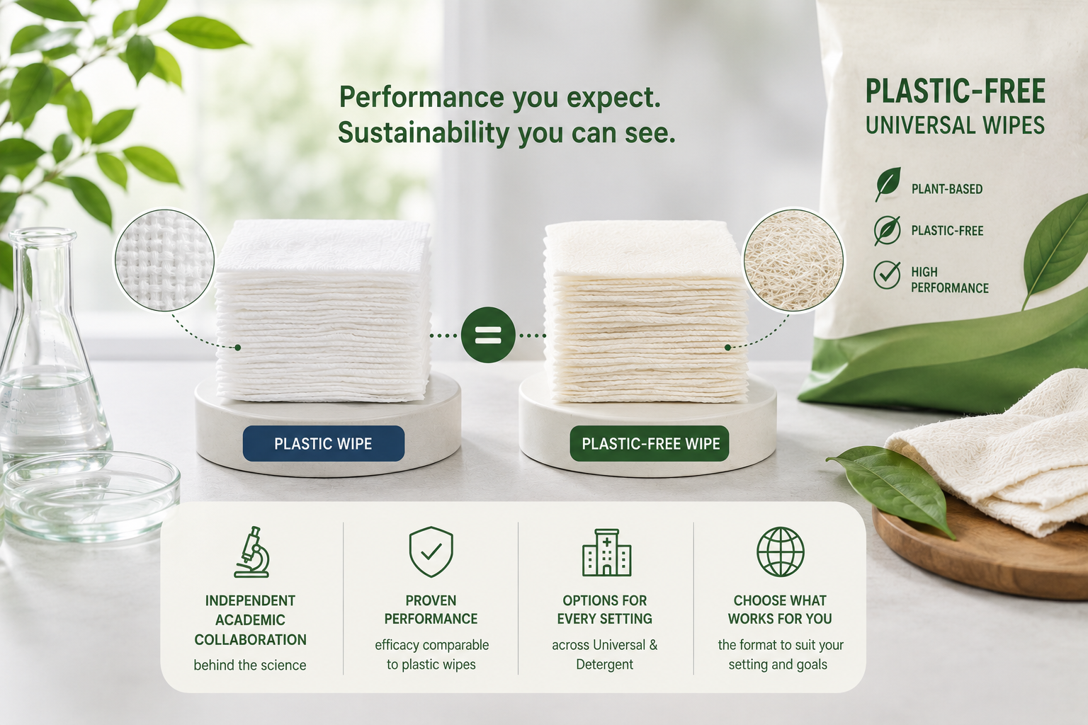 Plastic-free Universal wipes — performance you expect, sustainability you can see. Independent academic collaboration, proven performance, options for every setting.