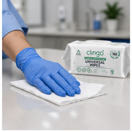 Gloved hand demonstrating correct technique with a Clingo Universal Wipes pack