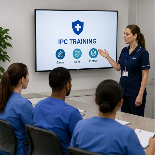 Trainer delivering IPC training to clinical staff, screen showing Clean, Safe, Protect