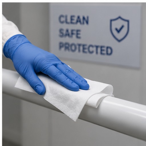 Gloved hand disinfecting a hospital surface, clean-safe-protected signage