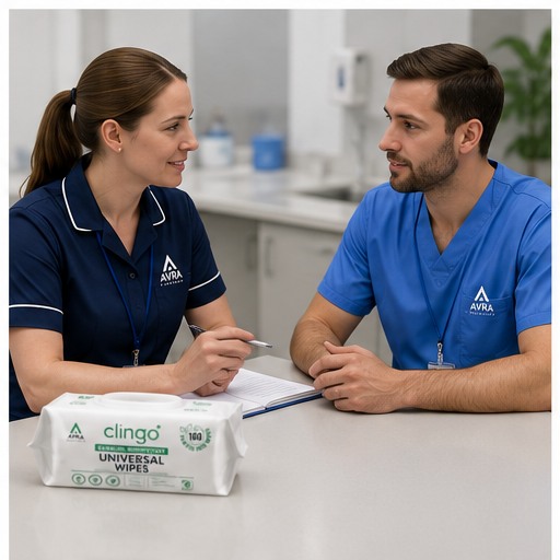 Avra Healthcare team member supporting a healthcare professional, Clingo Universal Wipes on the table