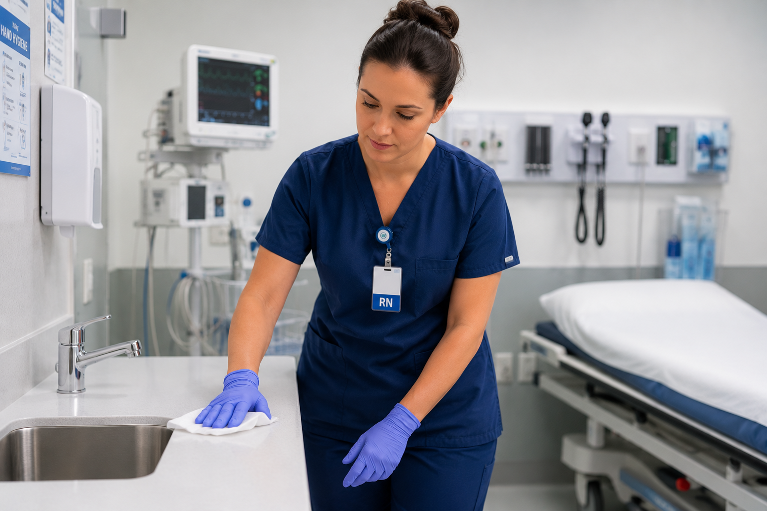 Nurse disinfecting a countertop with a Clinigo Universal Wipe