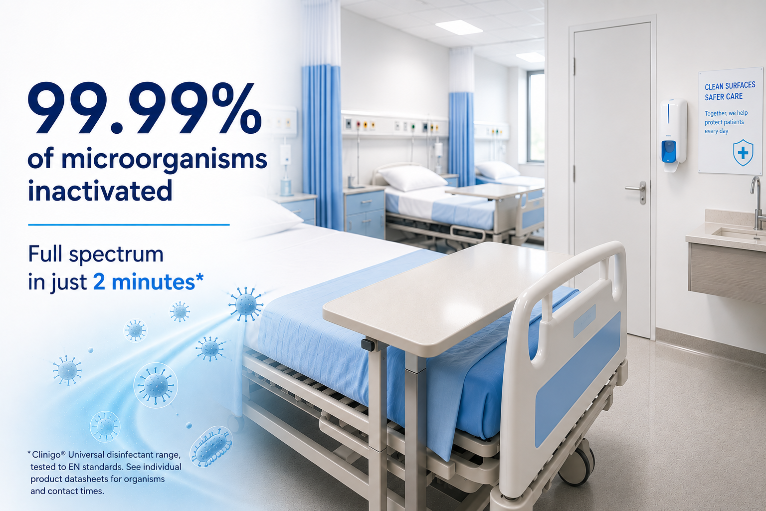 99.99% of microorganisms inactivated, full spectrum in just 2 minutes — Clinigo wipes helping prevent the spread of infection in a hospital ward